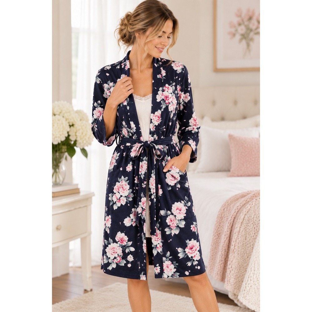 Laura Ashley Navy Blue Pink Floral Rose Print Belted Robe Small